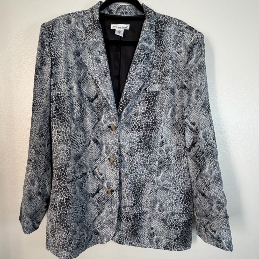 Anna And Frank Blazer Gray Blue 100% Silk Lightweight Lined Animal Print Sz XL